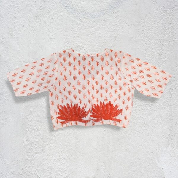 Cotton White with orange printed Three Quarter Sleeve Blouse - Image 2