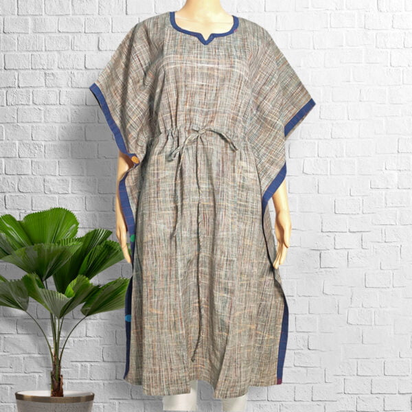 Grey Cotton Jharna Pattern Kaftan with Blue Border