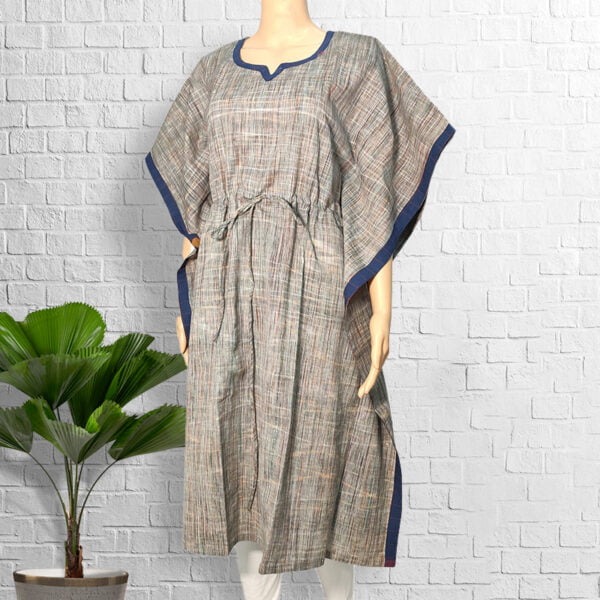 Grey Cotton Jharna Pattern Kaftan with Blue Border - Image 3
