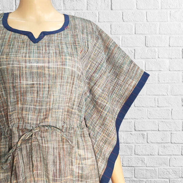 Grey Cotton Jharna Pattern Kaftan with Blue Border - Image 2