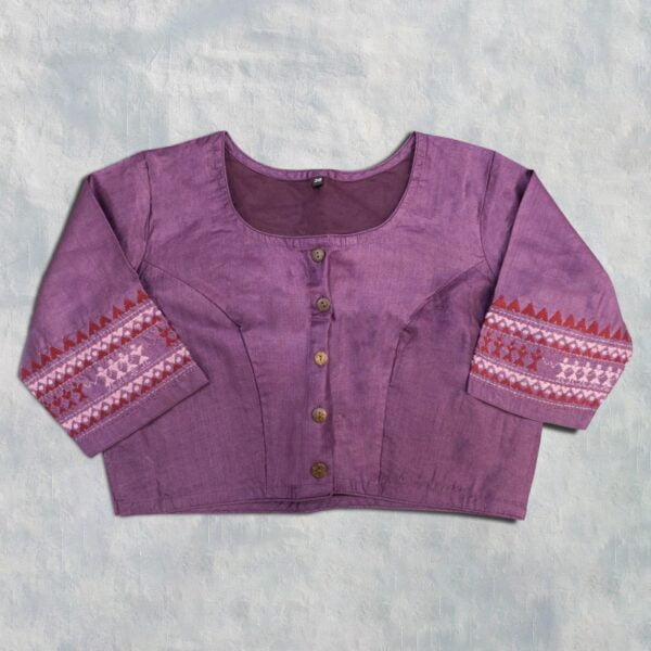 Tassar Purple Short Sleeve Katha work Blouse