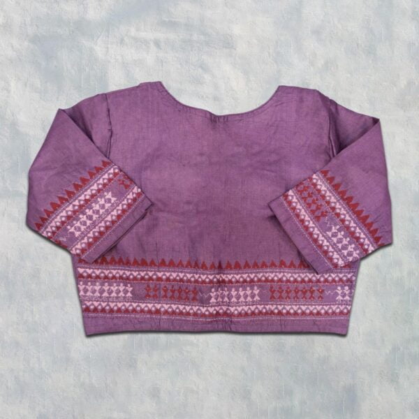 Tassar Purple Short Sleeve Katha work Blouse - Image 2