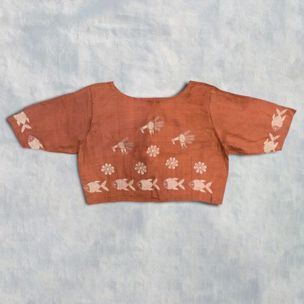 Brown Three Quarter Sleeve Tussar Kantha Work Blouse - Image 2