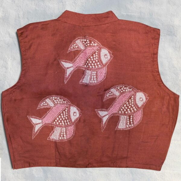 Brown Sleeveless Kantha Work Blouse - Image 2