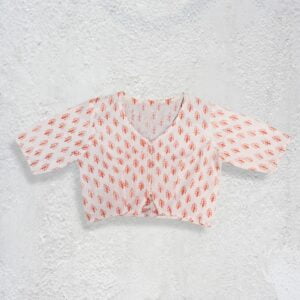 Cotton White with orange printed Three Quarter Sleeve Blouse
