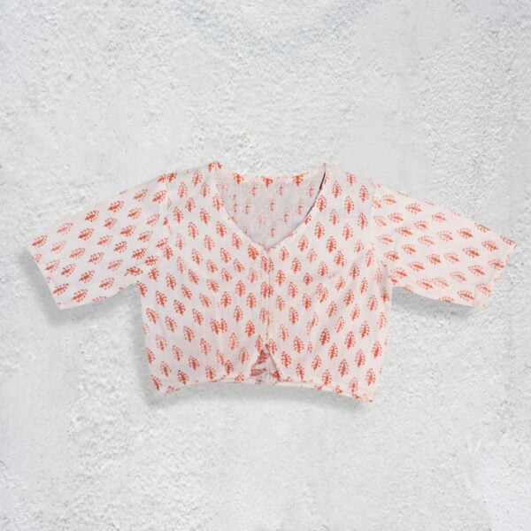Cotton White with orange printed Three Quarter Sleeve Blouse