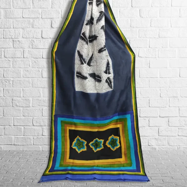 Navy Blue With White Abstract Silk Hand-Painted Saree