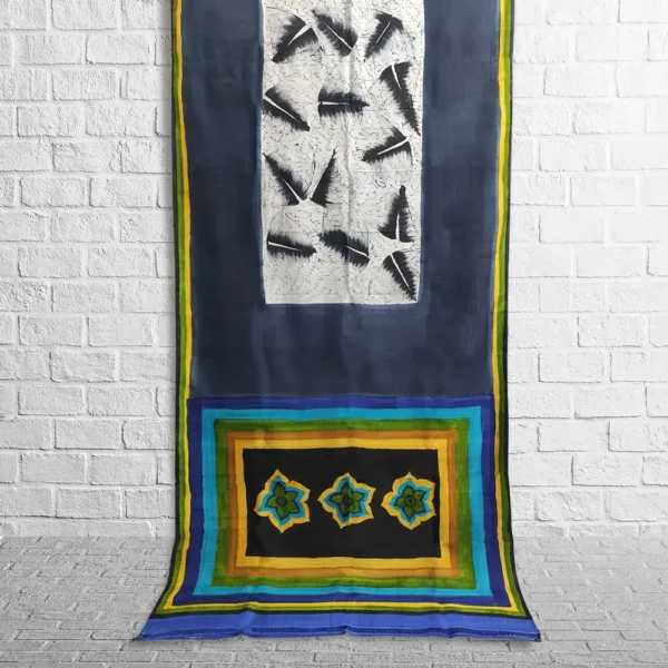 Navy Blue With White Abstract Silk Hand-Painted Saree - Image 2