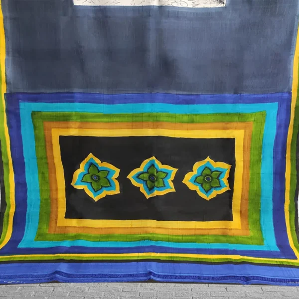 Navy Blue With White Abstract Silk Hand-Painted Saree - Image 3