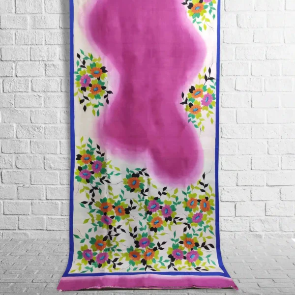 Pink Floral Hand Printed Silk Saree - Image 2