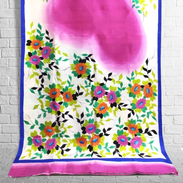 Pink Floral Hand Printed Silk Saree - Image 3