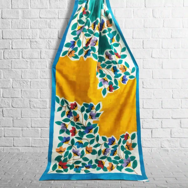 White With Green Floral Silk Hand Printed Saree