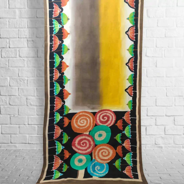 Yellow And Brown Base Hand Printed Saree - Image 2