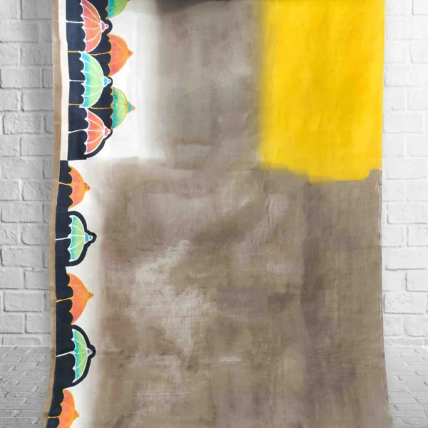 Yellow And Brown Base Hand Printed Saree - Image 3