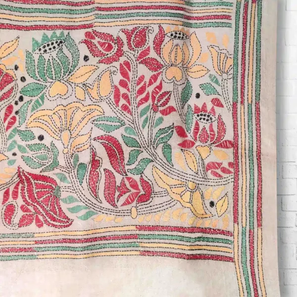 Gachi Tussar Floral Kantha Work Stole - Image 2