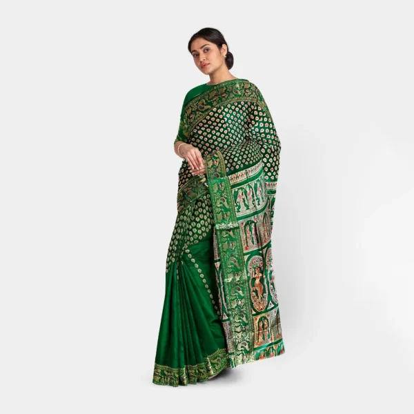 Green Figure Motif Pure Silk Swarnachari Saree - Image 2