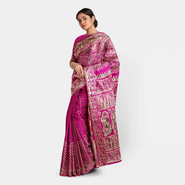 Deep Pink Golden Zari Ethnic Swarnachari Saree - Image 3