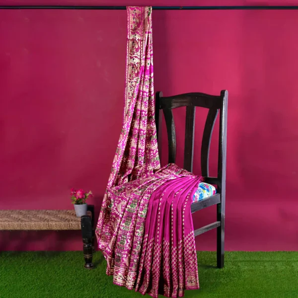 Deep Pink Golden Zari Ethnic Swarnachari Saree - Image 4
