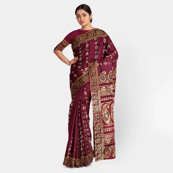 Golden Zari Work Maroon Silk Swarnachari Saree