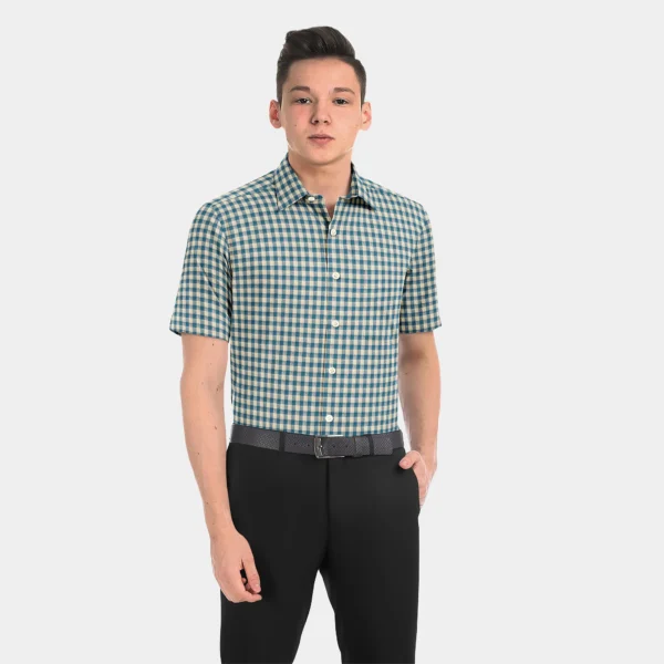 Teal Blue & White Gingham Check Muslin Half Sleeve Shirt - Image 2