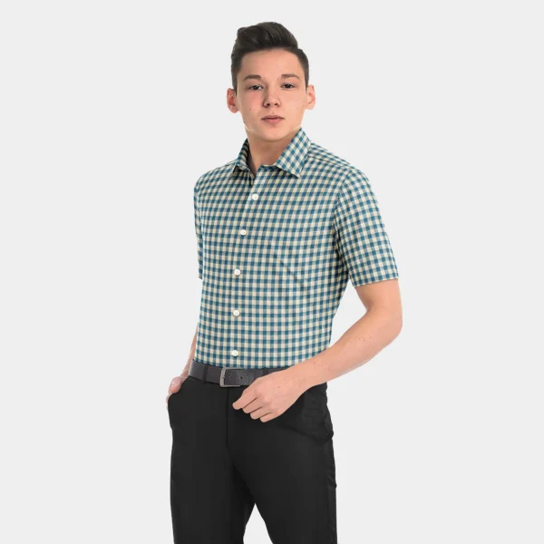 Teal Blue & White Gingham Check Muslin Half Sleeve Shirt - Image 3