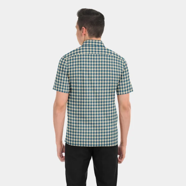 Teal Blue & White Gingham Check Muslin Half Sleeve Shirt - Image 4