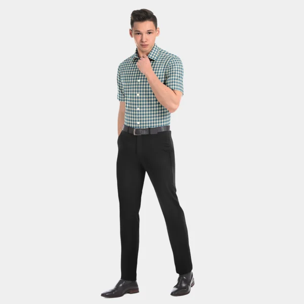 Teal Blue & White Gingham Check Muslin Half Sleeve Shirt