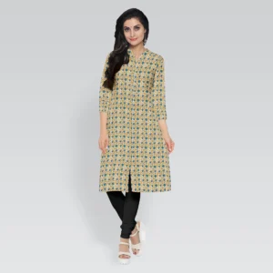 Light Yellow With Blue Floral Ajrakh Print Cotton Women Kurta