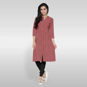 Red Traditional Ajrakh Printed Stripe Cotton Women's Kurta