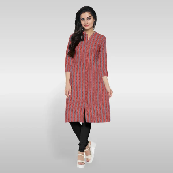Red Traditional Ajrakh Printed Stripe Cotton Women's Kurta