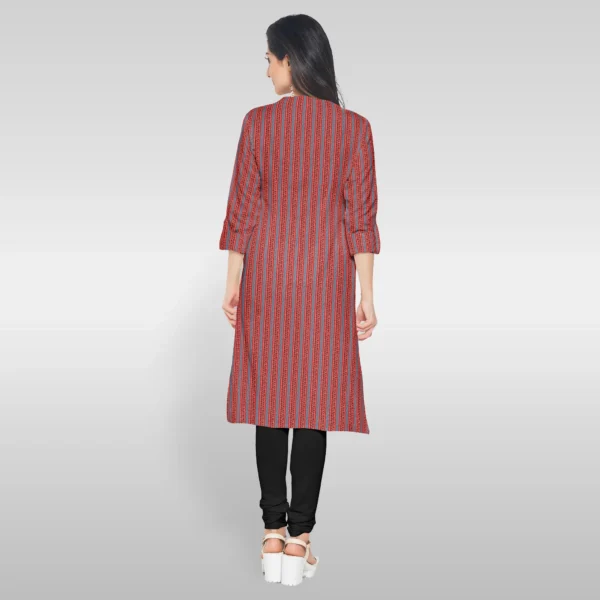 Red Traditional Ajrakh Printed Stripe Cotton Women's Kurta - Image 2