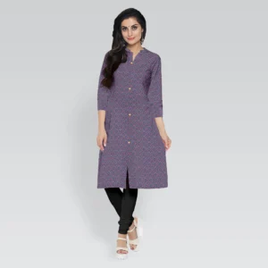 Steel Blue With Red Abstract Ajrakh Print Cotton Women's Kurta