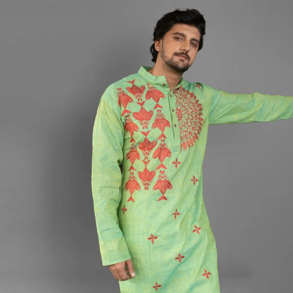 Parrot Green Kantha Work Kurta - Image 2