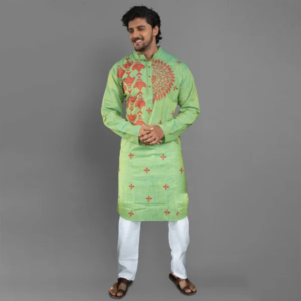 Parrot Green Kantha Work Kurta - Image 3