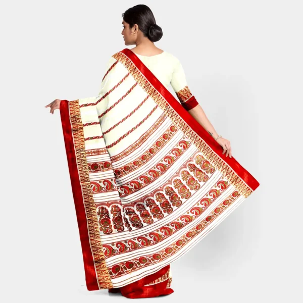 Cream Base With Red Floral Resham Work Baluchari Saree - Image 3