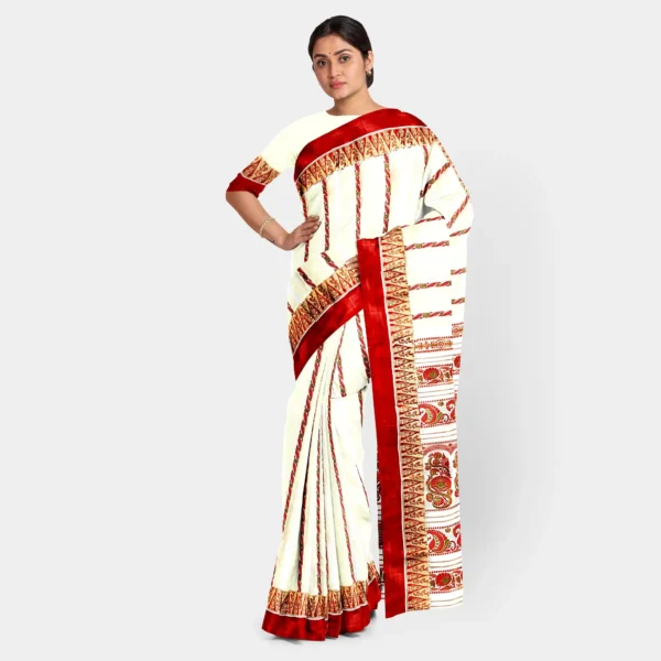 Cream Base With Red Floral Resham Work Baluchari Saree