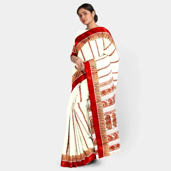 Cream Base With Red Floral Resham Work Baluchari Saree - Image 2