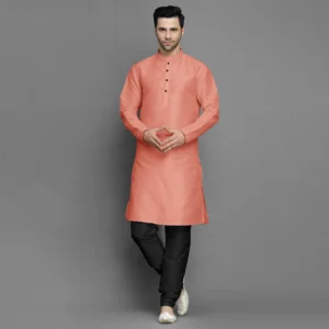 Salmon Colour Silk Men Kurta