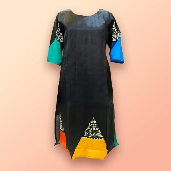 Black With Abstract Geometrical Printed Silk Women Kurta