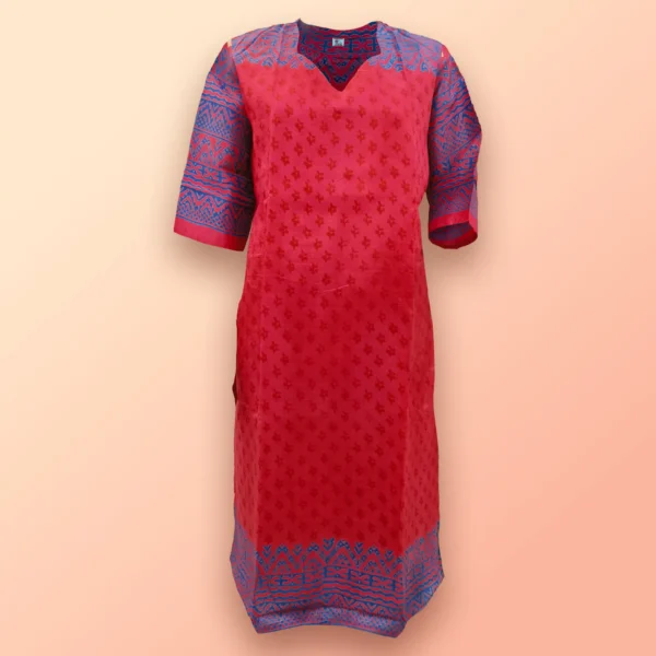 Red & Blue Printed Silk Women Kurta