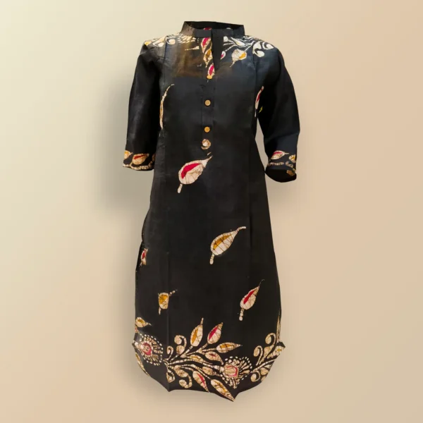 Black With Floral Batik Work Silk Women's Kurta