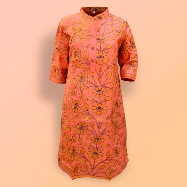 Salmon Colour Silk Kantha Work Women's Kurta
