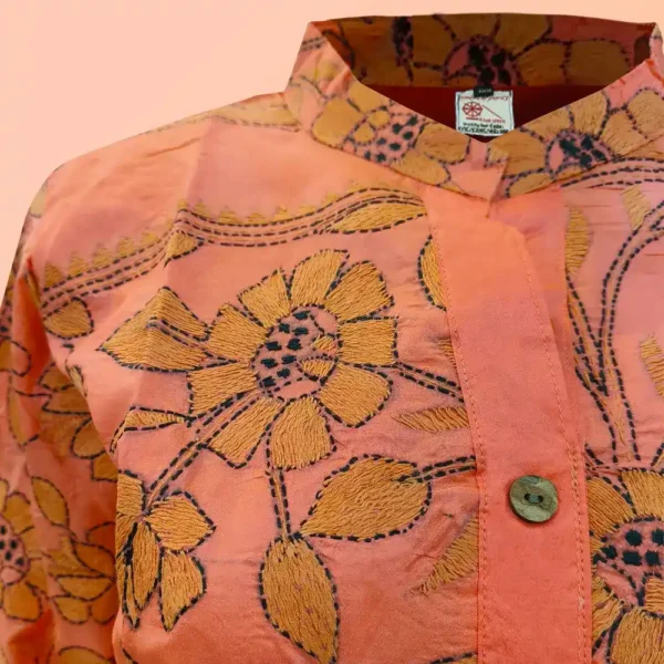 Salmon Colour Silk Kantha Work Women's Kurta - Image 3