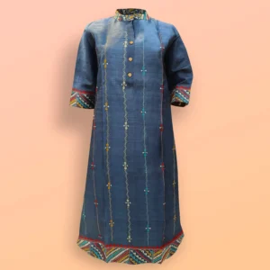 Steel Blue Tussar Katha Work Women's Kurta