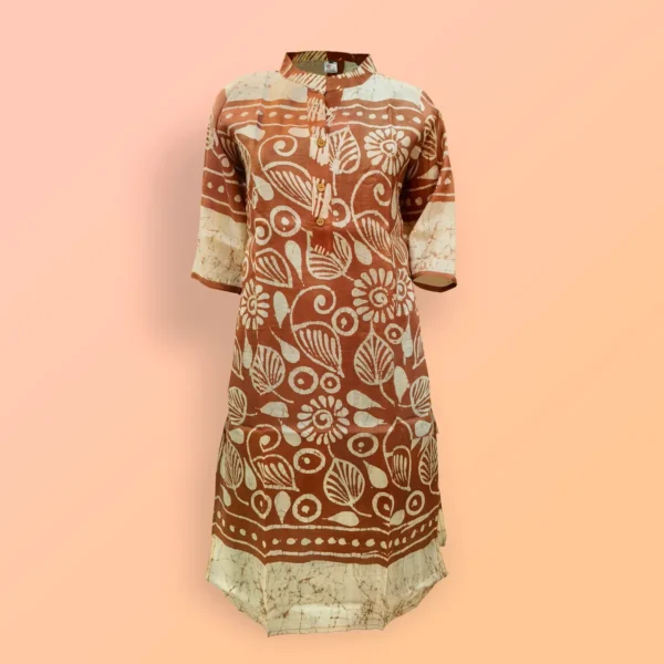 Cream & Brown Silk Batik Work Women's Kurta