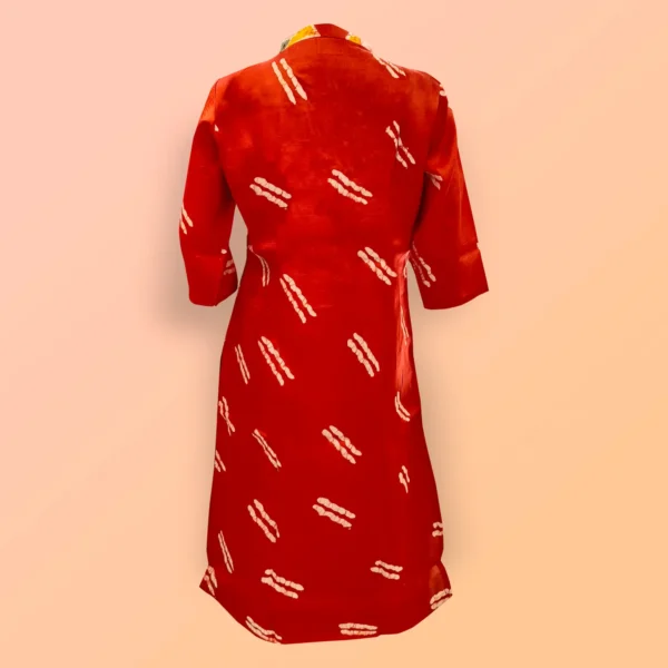 Fire Red Geometrical Silk Batik Work Women's Kurta - Image 3