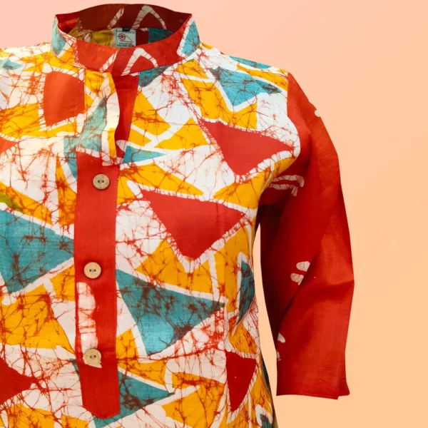 Fire Red Geometrical Silk Batik Work Women's Kurta - Image 2