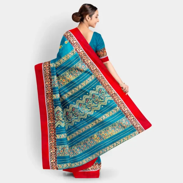 Greenish Blue Floral Zari Work Silk Swarnachari Saree - Image 4