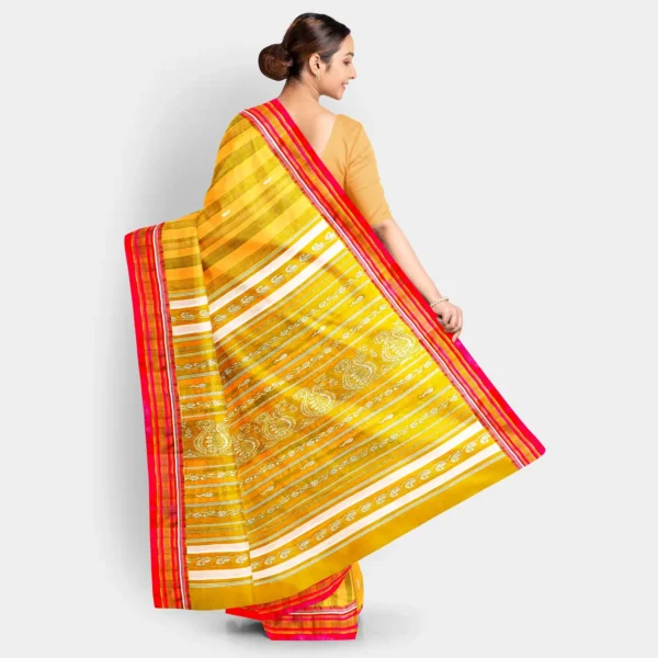 Deep Yellow With Stripe And White Kalka Work Silk Baluchari Saree - Image 4