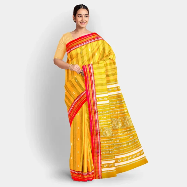 Deep Yellow With Stripe And White Kalka Work Silk Baluchari Saree